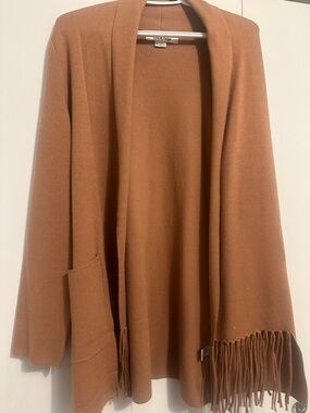 Fringe Hem Open Front Cardigan - tan